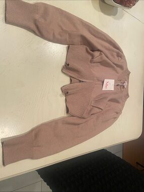 ME Makeover Essentials Cropped Ribbed Mauve Tan Cardigan